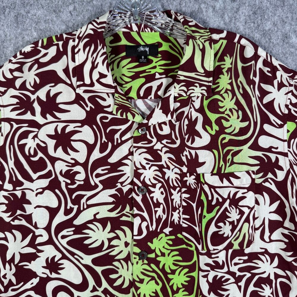 Stussy Shirt Mens Size Small Brown Green Short Sleeve Hawaiian Viscose Tribal